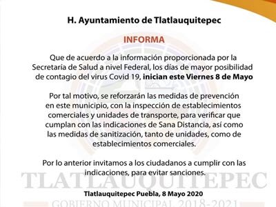   Se reforzarán medidas para evitar contagios en Tlatlauquitepec.